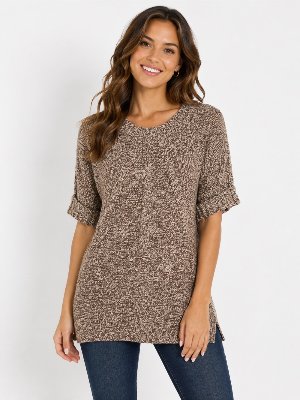 Fashion Bug Crew neck tunic knit sweater with‎ short sleeves, Size M